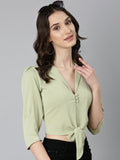 Women's Olive Puffed Sleeves Tie-Ups Shirt Style Crop Top