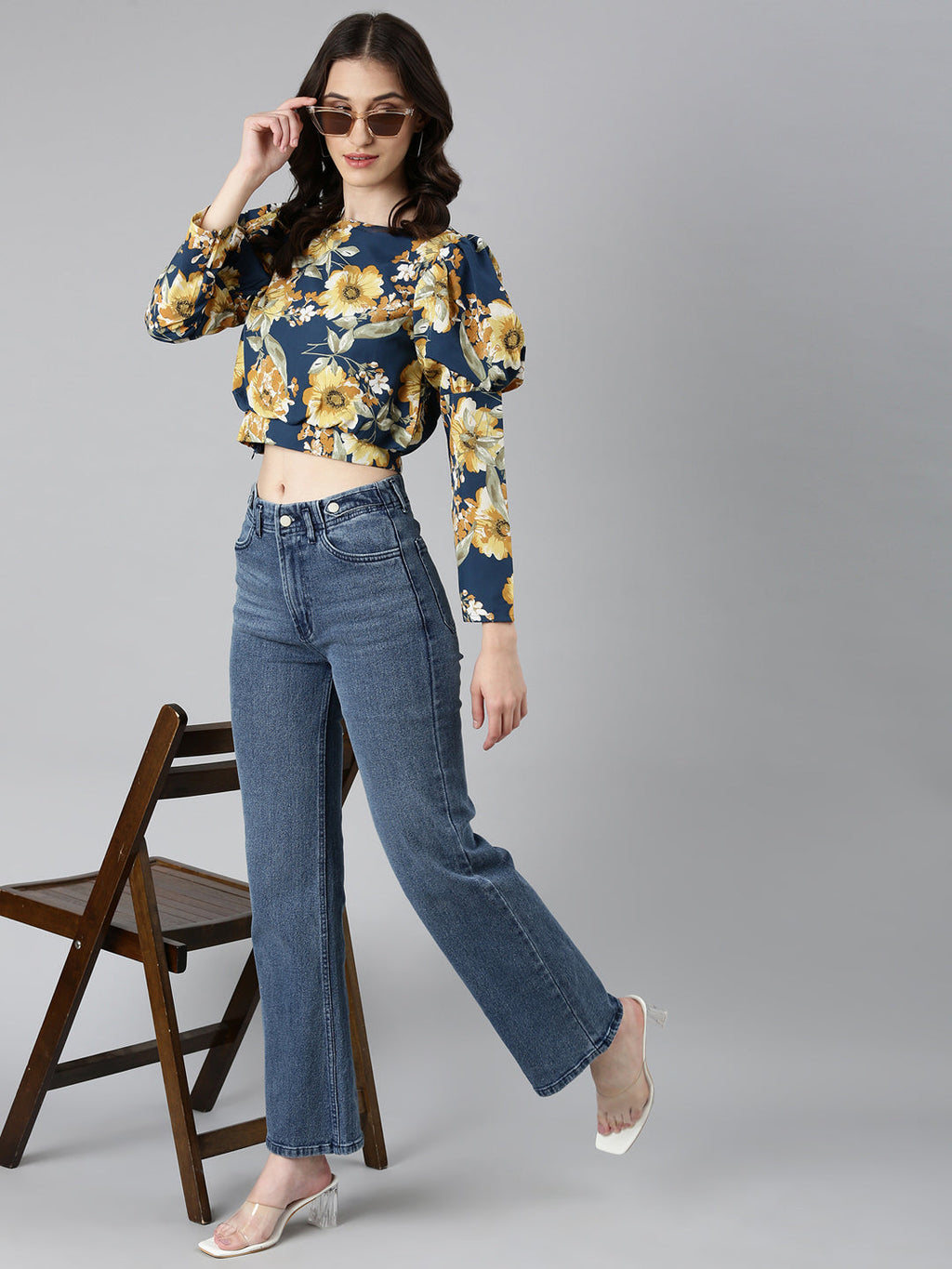 Women's Teal Floral Printed Puffed Sleeves Crepe Blouson Crop Top