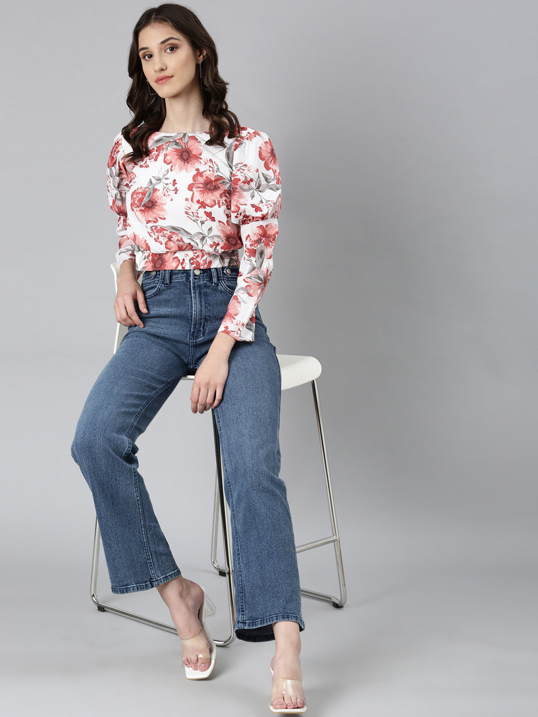 Women's White Floral Printed Blouson Crop Top