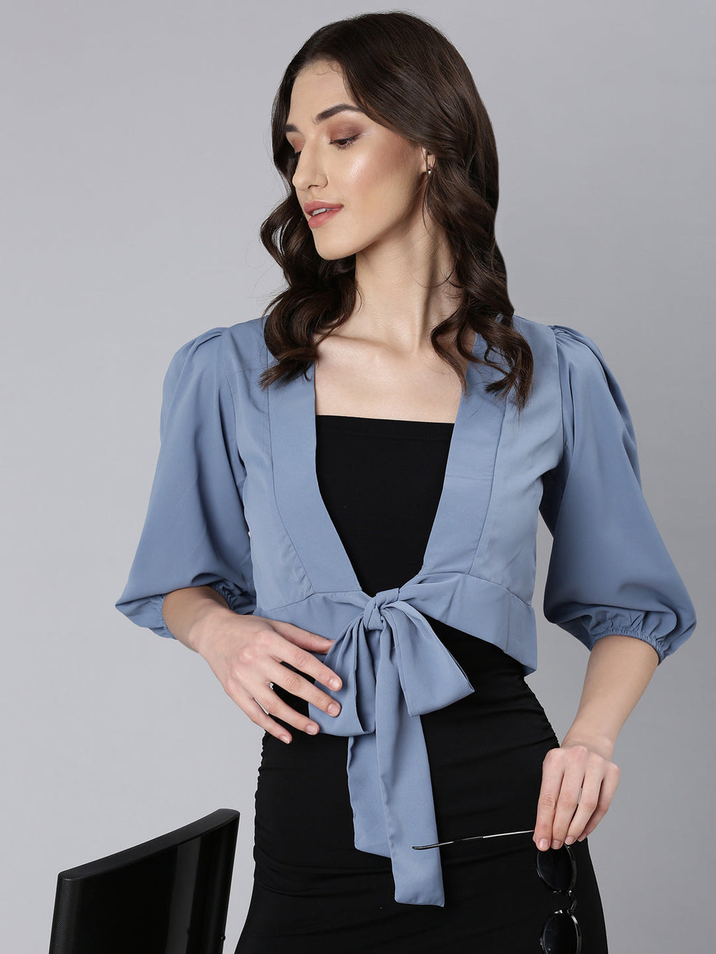 Women's Blue Puff Sleeve Tie Up Regular Crop Top
