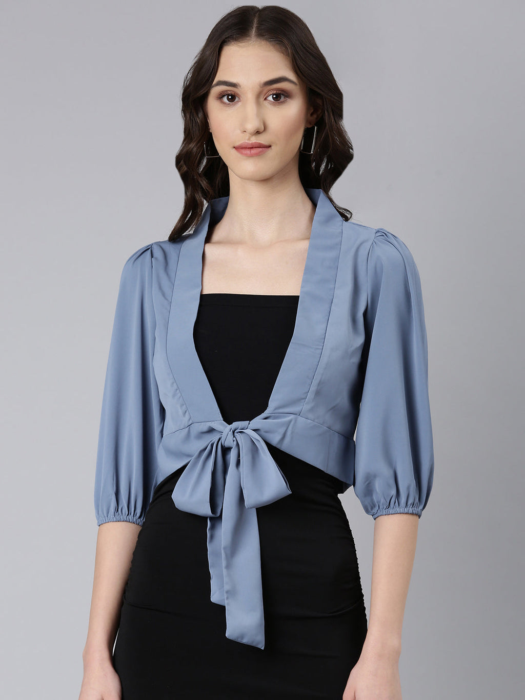 Women's Blue Puff Sleeve Tie Up Regular Crop Top