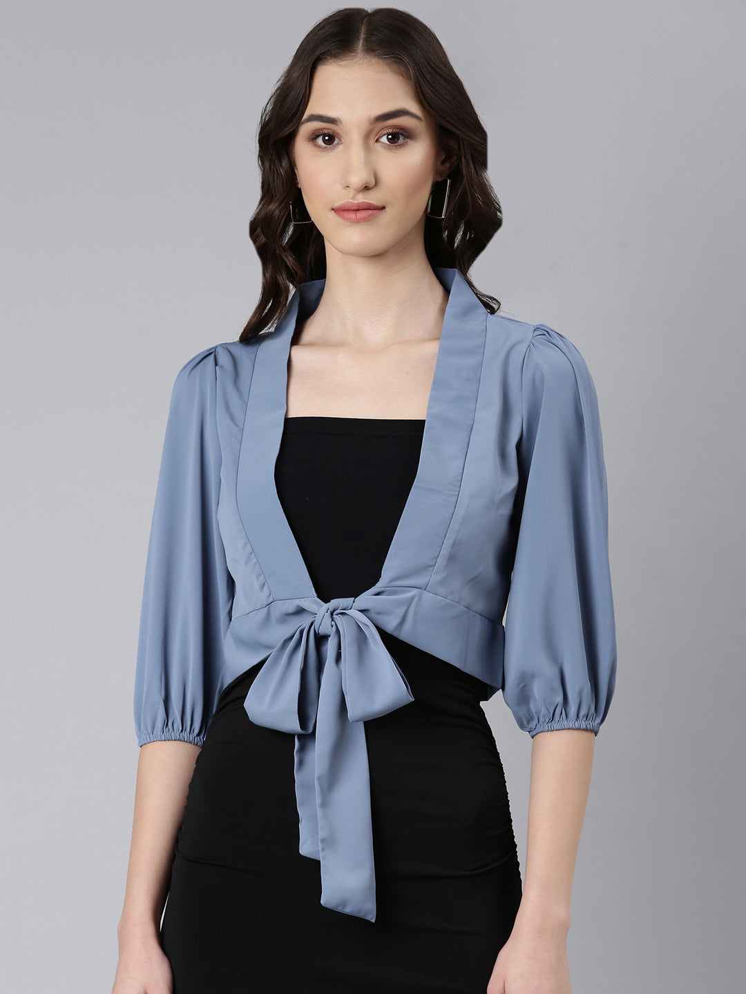 Women's Blue Puff Sleeve Tie Up Regular Crop Top
