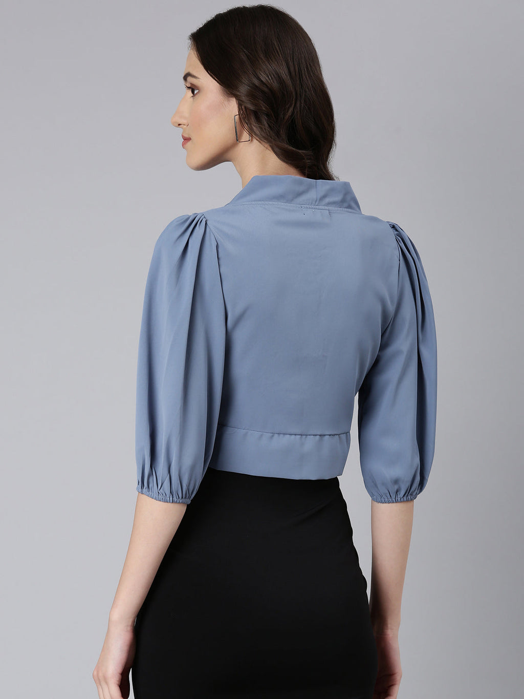 Women's Blue Puff Sleeve Tie Up Regular Crop Top