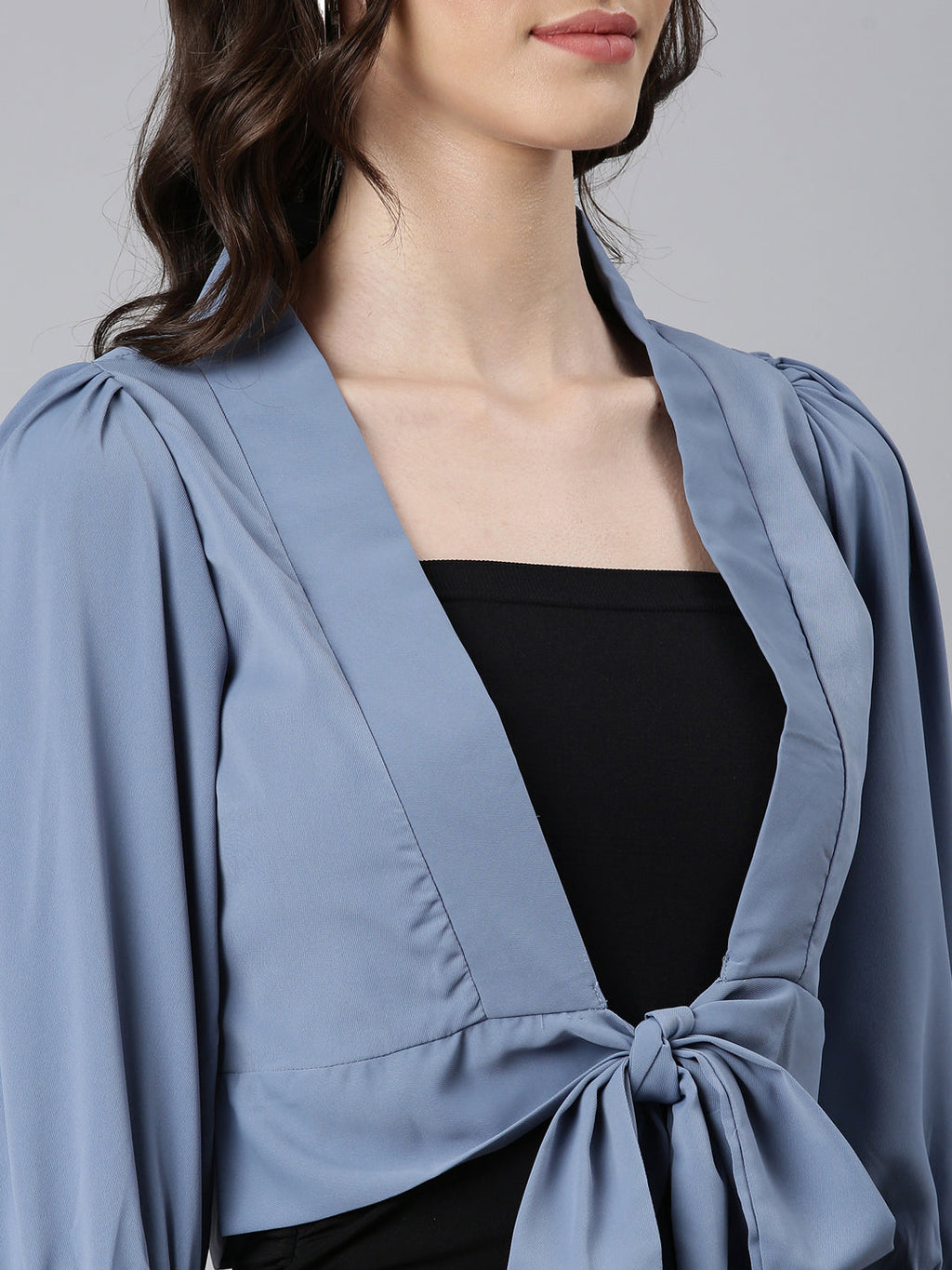 Women's Blue Puff Sleeve Tie Up Regular Crop Top