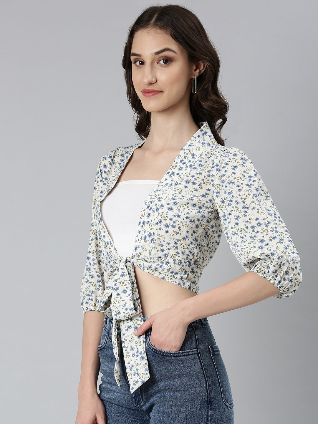 Women's Cream Floral Printed Puffed Sleeves Tie-Ups Crepe Wrap Crop Top