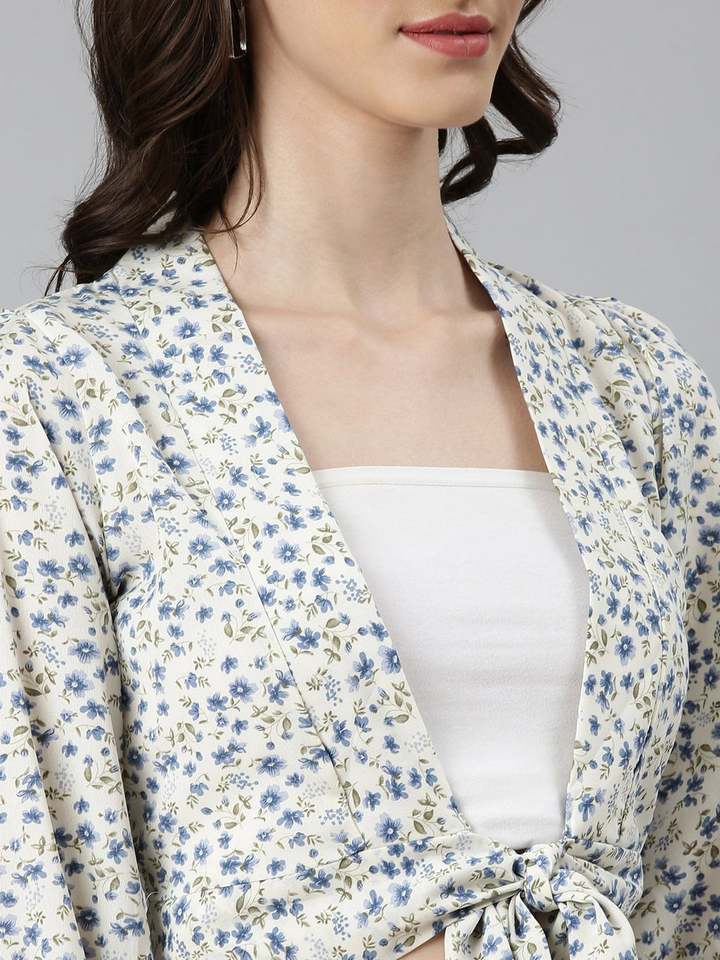 Women's Cream Floral Printed Puffed Sleeves Tie-Ups Crepe Wrap Crop Top