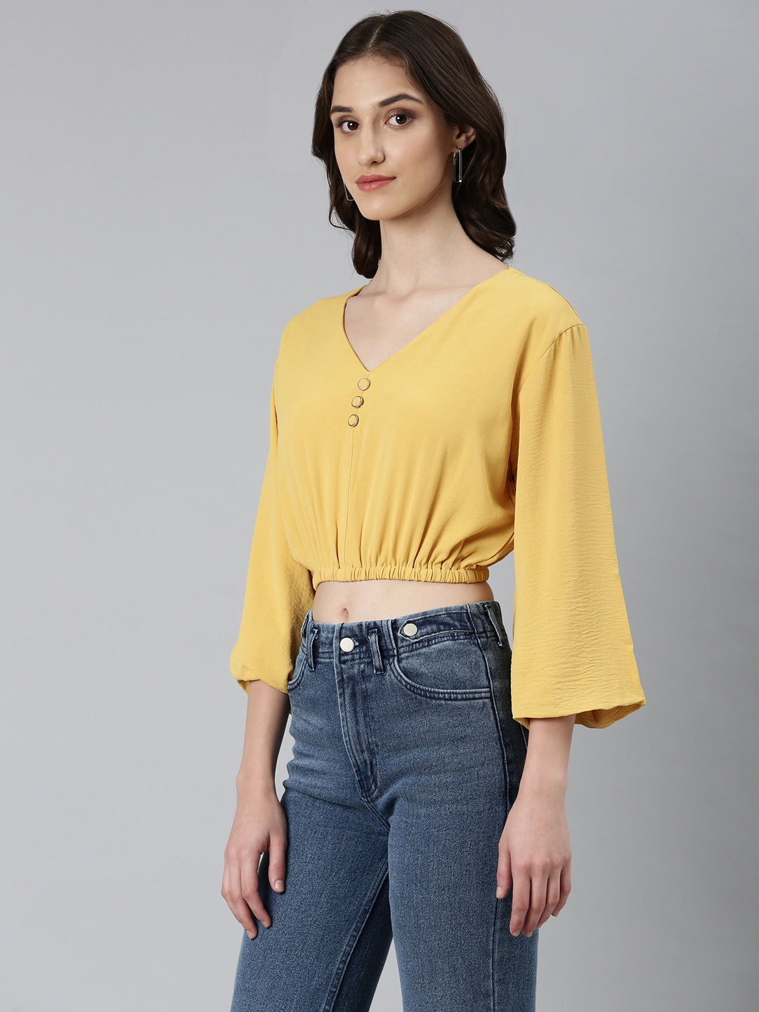 Women's Mustard V-Neck Puff Sleeves Blouson Crop Top