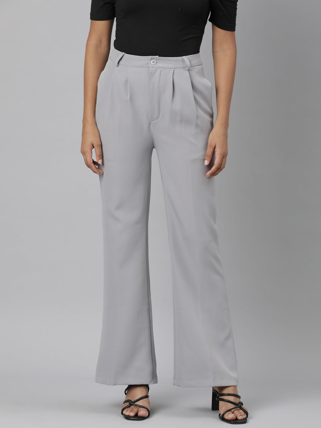 Women's Grey Relaxed Straight Leg Flared Cotton Bootcut Trouser