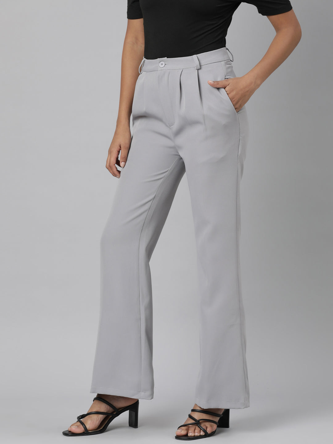 Women's Grey Relaxed Straight Leg Flared Cotton Bootcut Trouser
