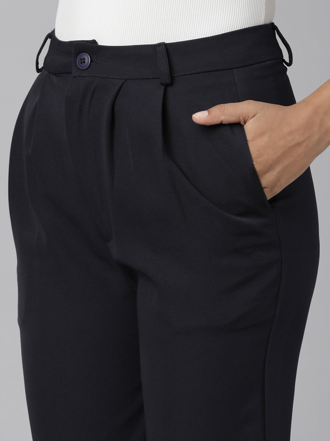 Women's Navy Blue Relaxed Straight Leg Flared Cotton Bootcut Trousers