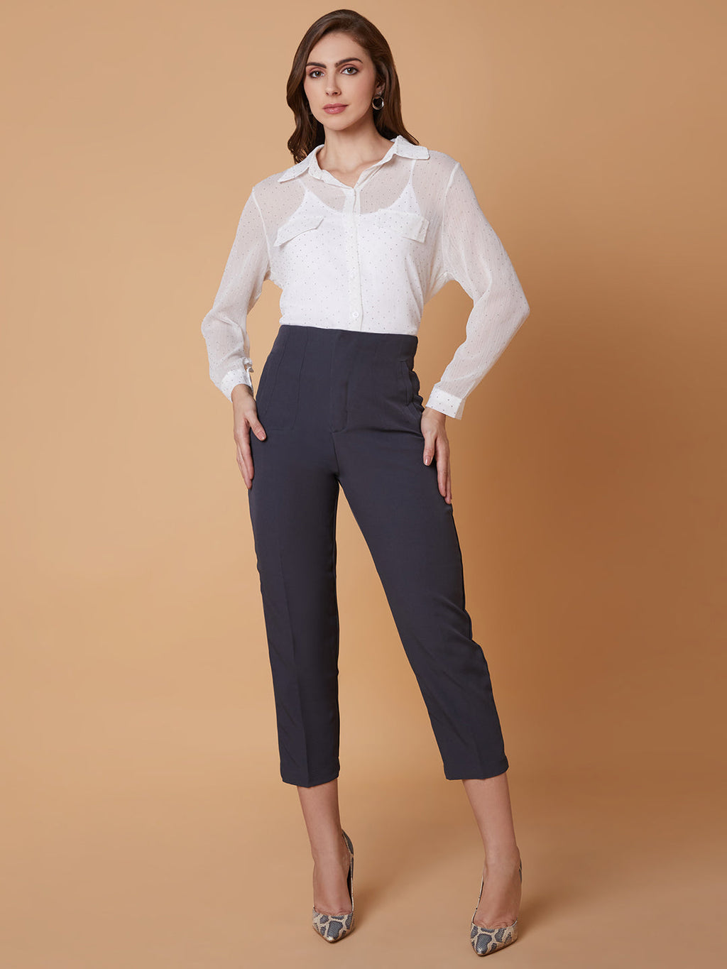Women's Charcoal Solid Comfort Slim Fit Formal Trousers