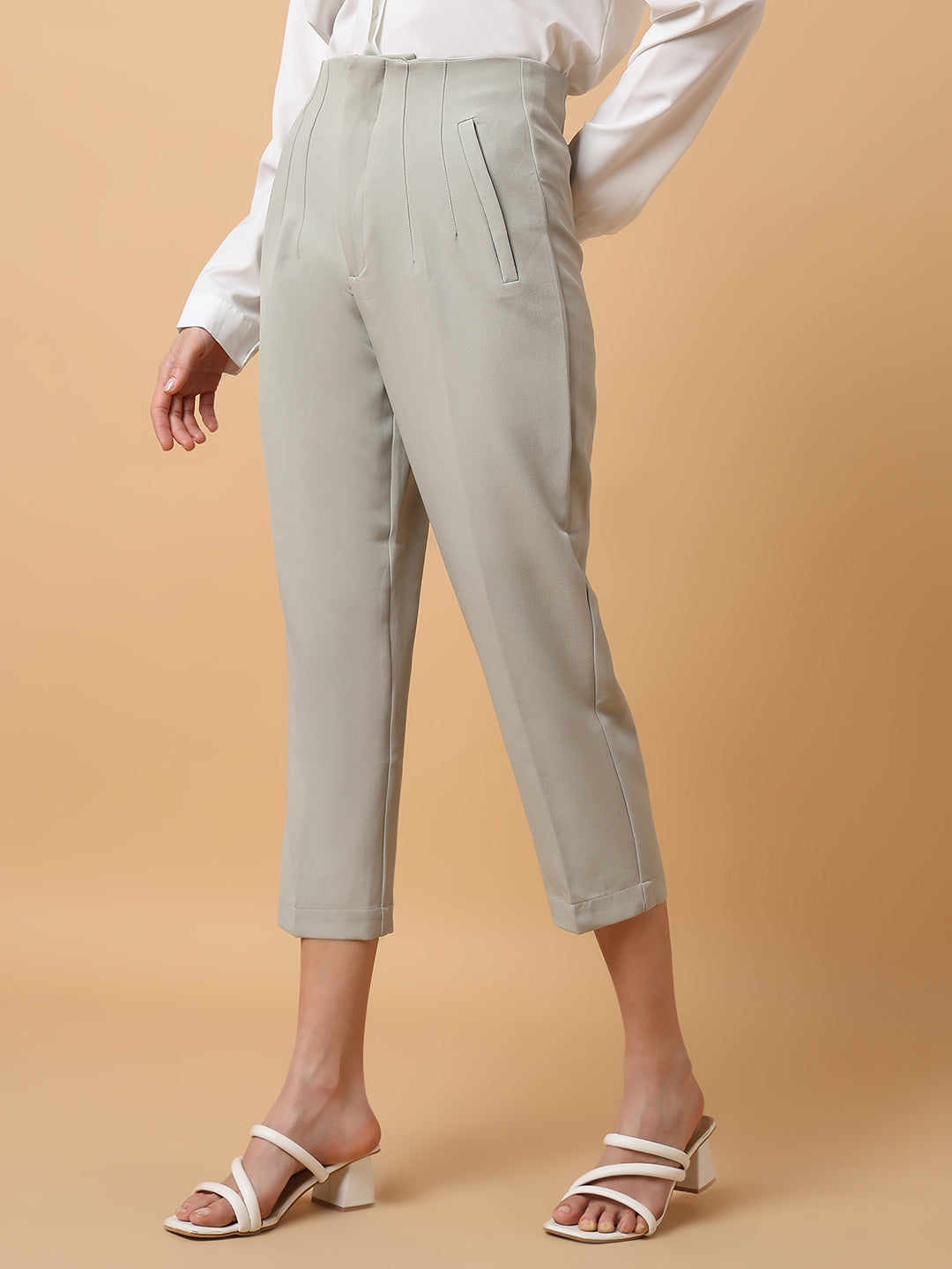 Women's Grey Comfort Slim Fit Pleated Trousers