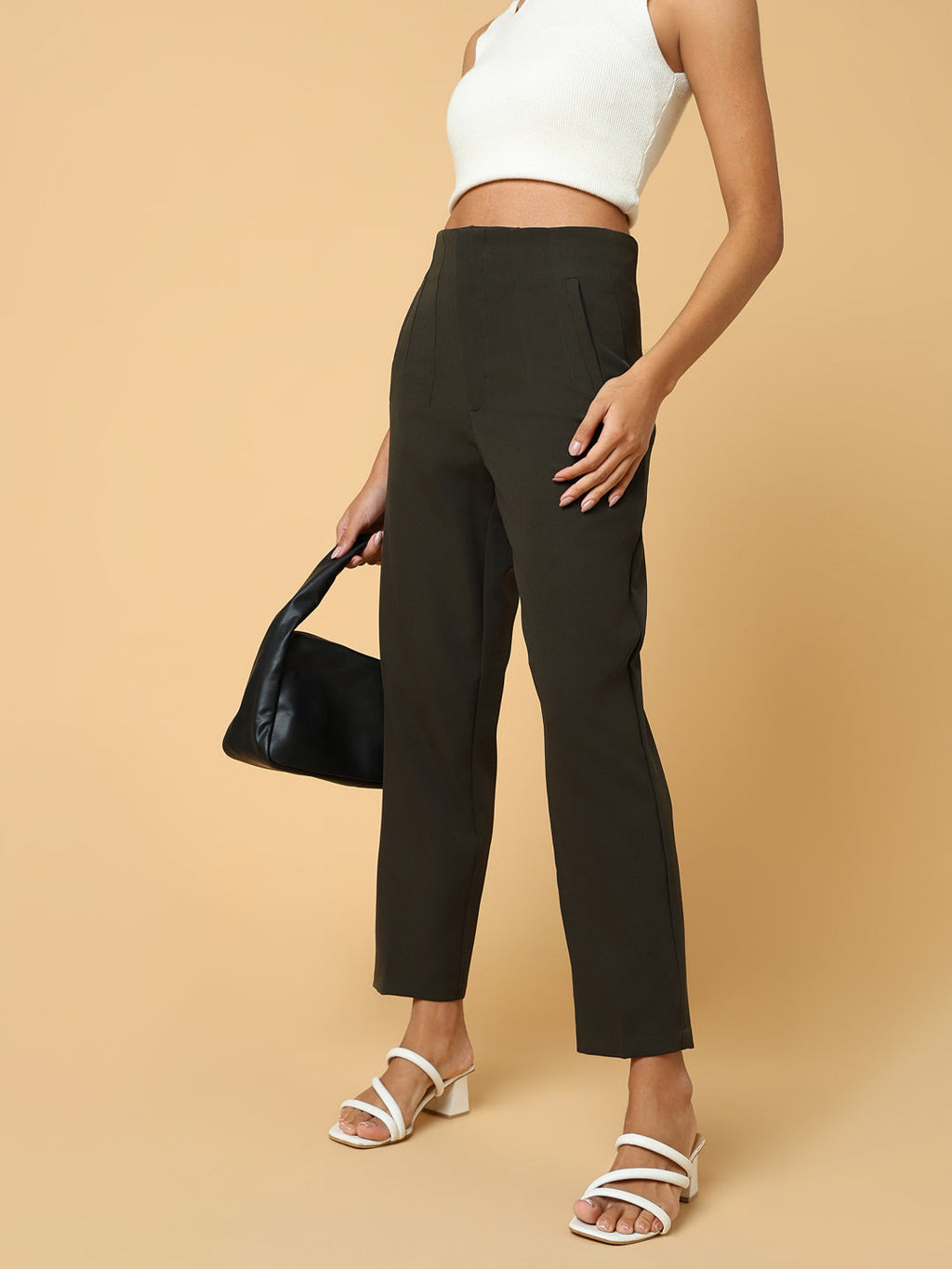 Women's Olive Comfort Slim Fit Pleated Trousers