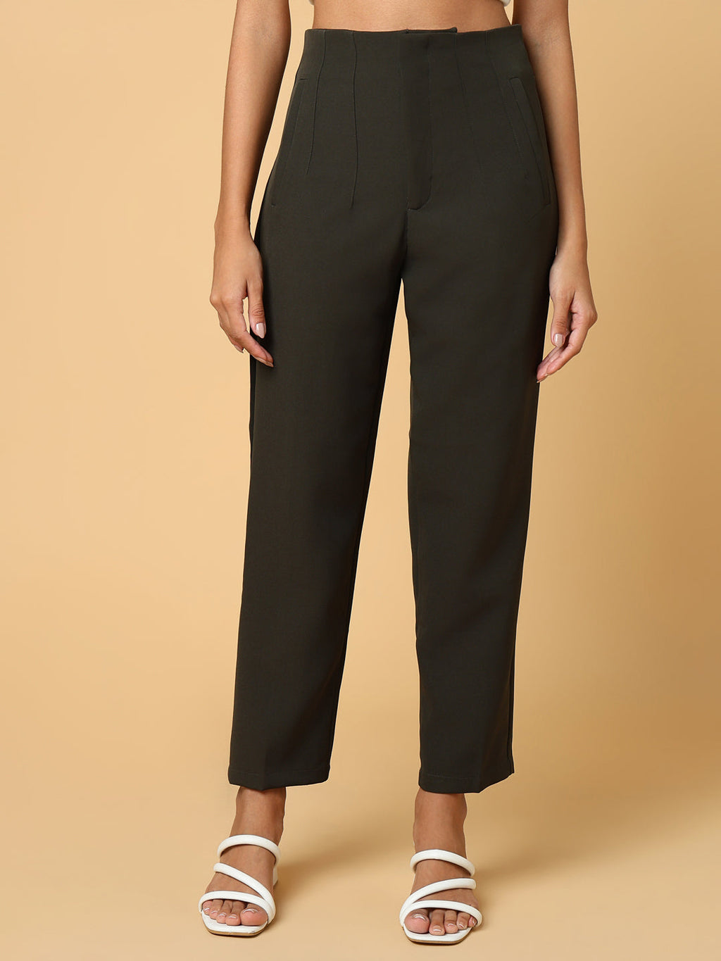 Women's Olive Comfort Slim Fit Pleated Trousers