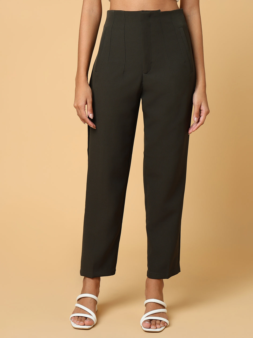 Women's Olive Comfort Slim Fit Pleated Trousers