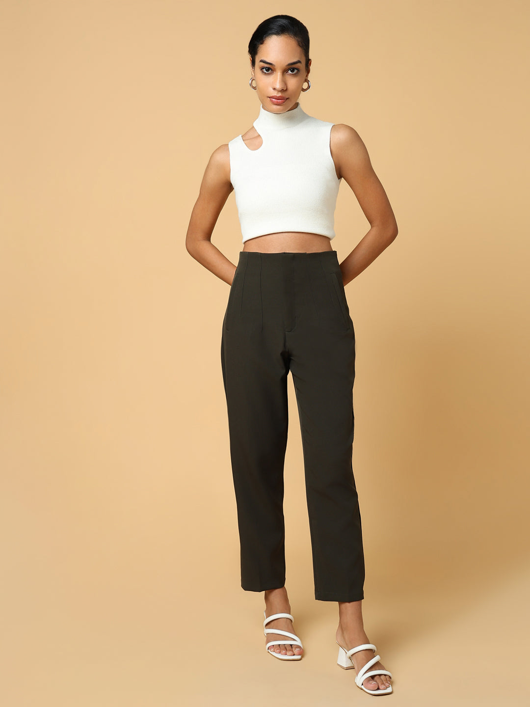 Women's Olive Comfort Slim Fit Pleated Trousers