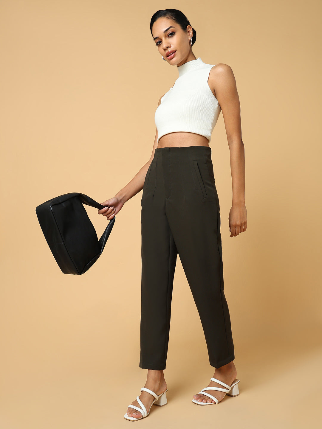 Women's Olive Comfort Slim Fit Pleated Trousers