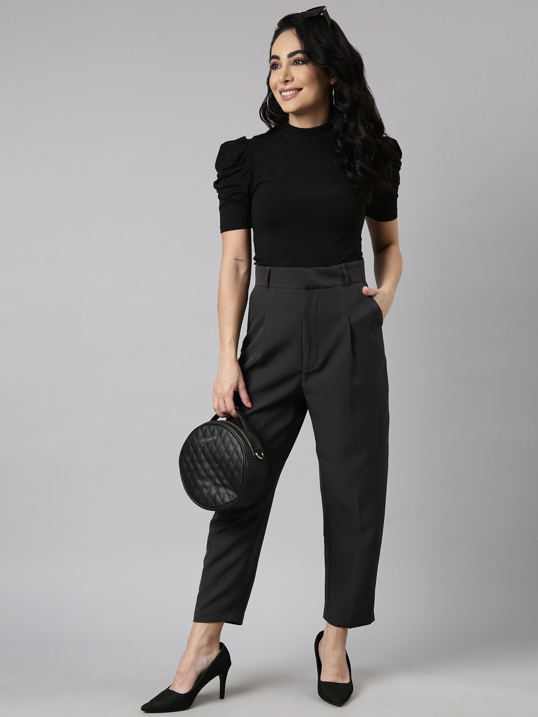 Women's Charcoal Comfort Regular Fit Cotton Formal Trouser
