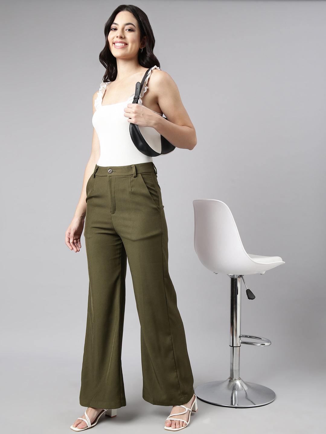 Women's Olive Comfort Fit Mid Rise Cotton Parallel Trouser