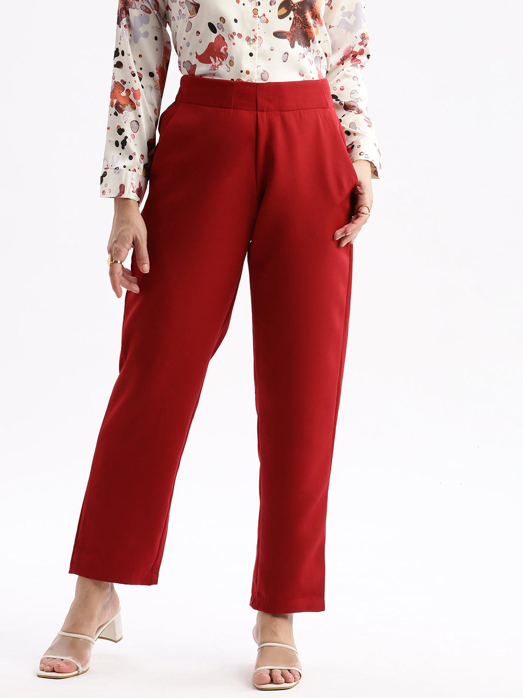Women's Maroon Comfort Slim Fit Mid Rise Regular Trousers