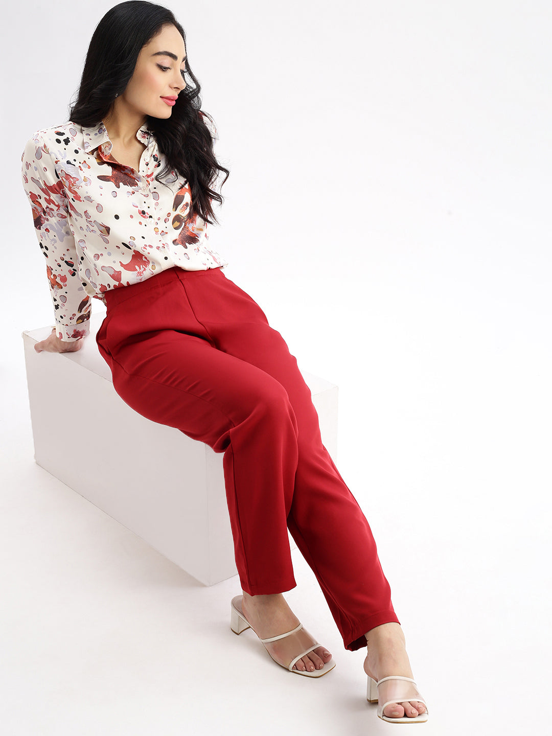 Women's Maroon Comfort Slim Fit Mid Rise Regular Trousers