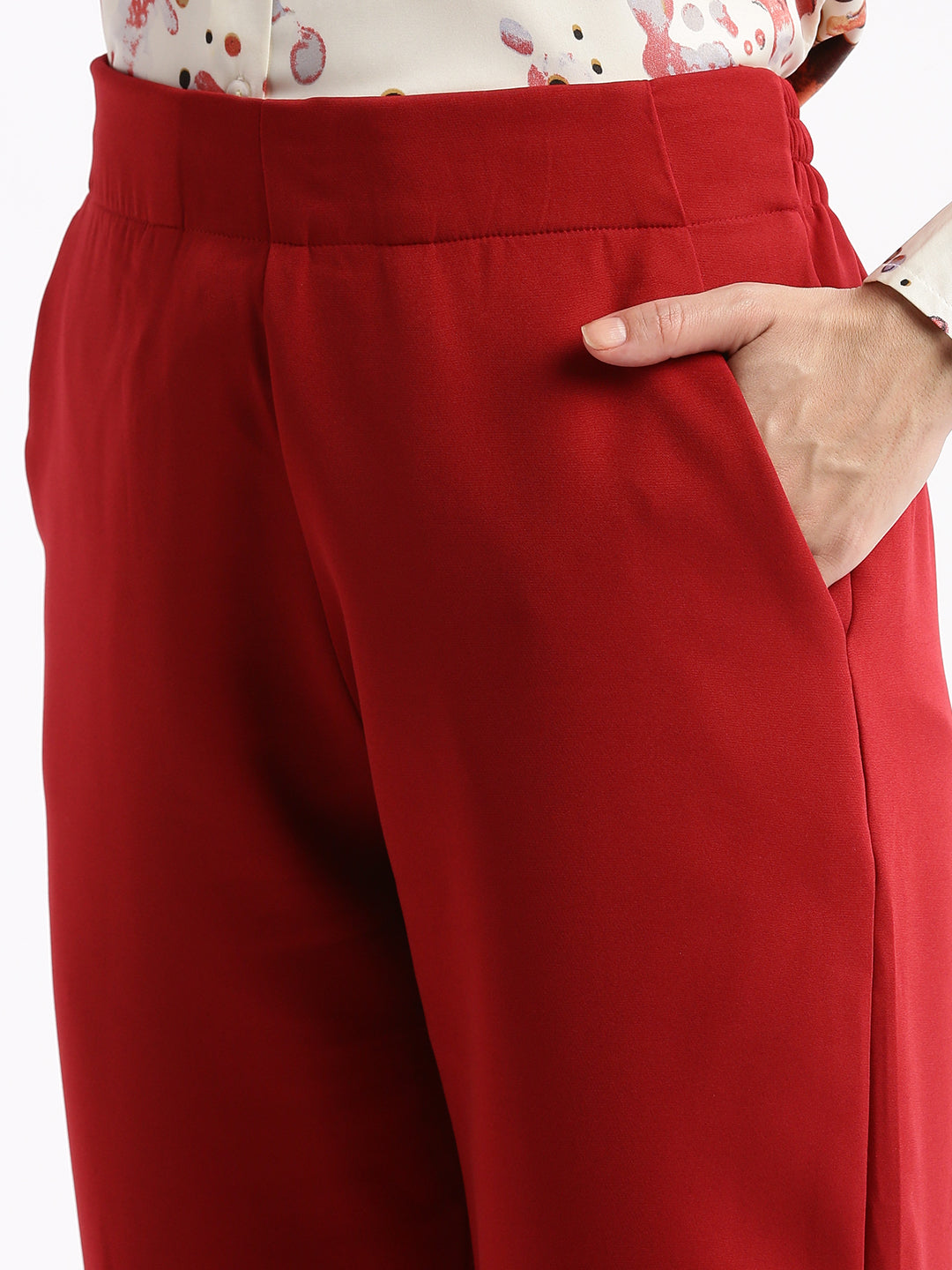 Women's Maroon Comfort Slim Fit Mid Rise Regular Trousers