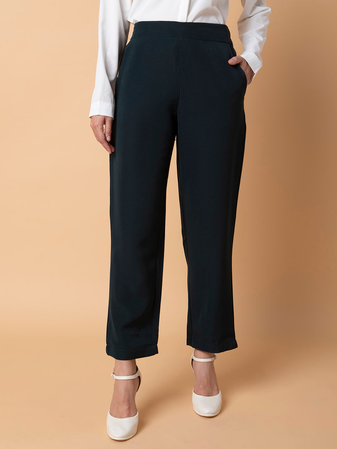 Women's Green Comfort Slim Fit Trousers