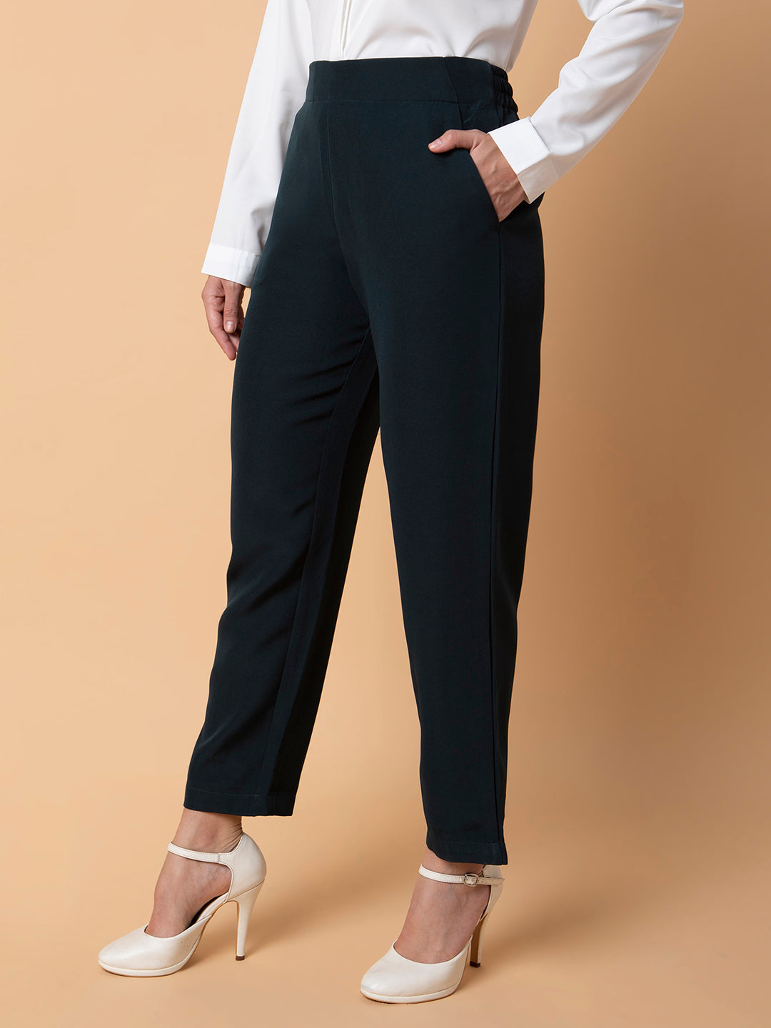 Women's Green Comfort Slim Fit Trousers
