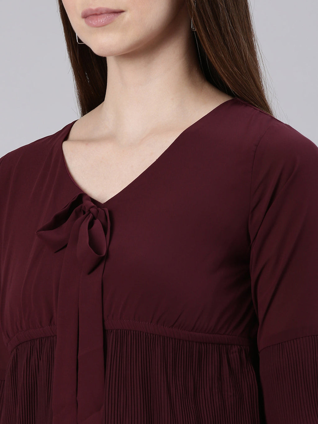 Women's Maroon Tie-Up Neck Bell Sleeves Pleated Georgette Empire Dress