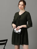 Women's Olive V-Neck Accordion Pleats Chiffon A-Line Dress