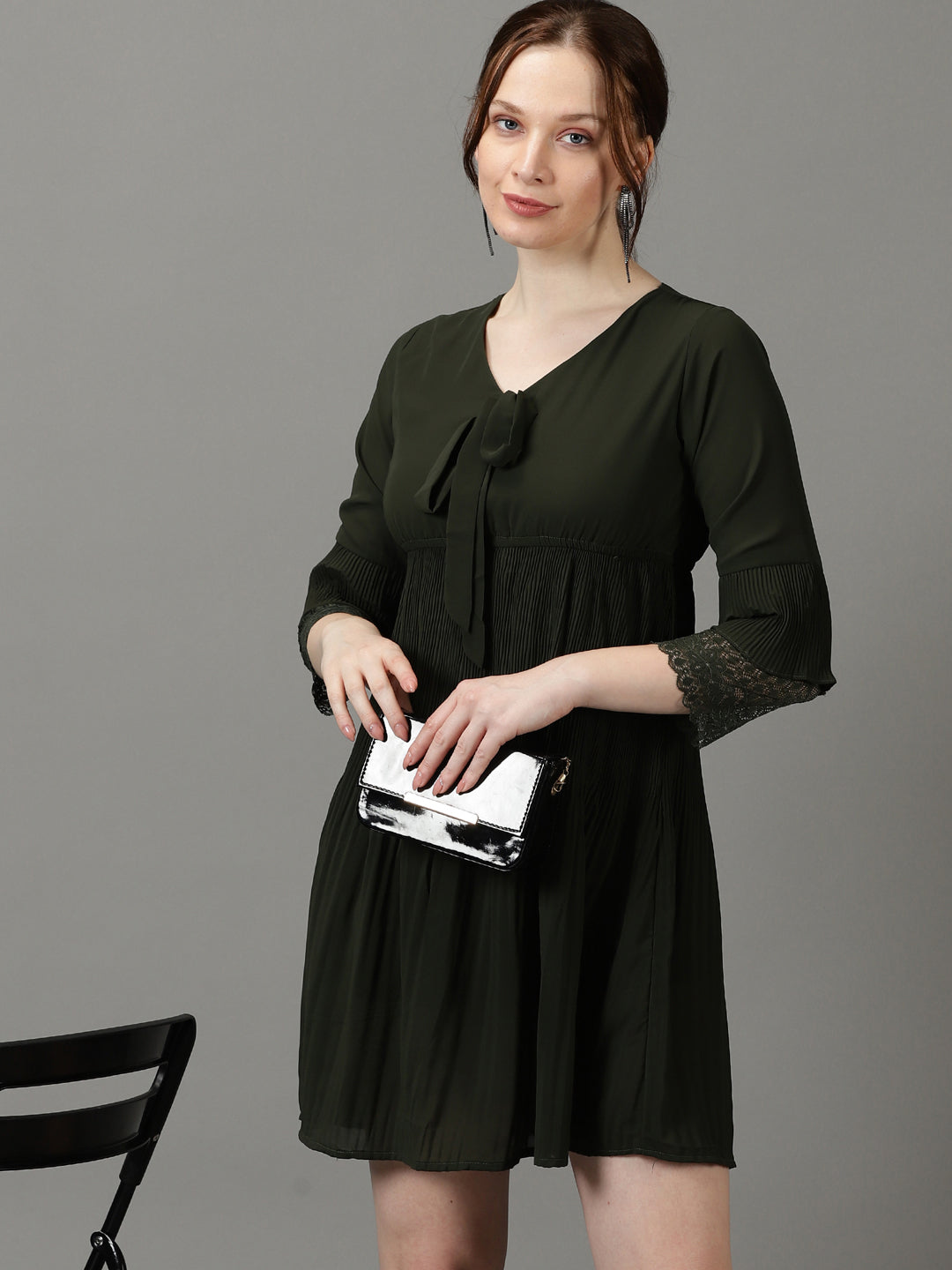 Women's Olive V-Neck Accordion Pleats Chiffon A-Line Dress