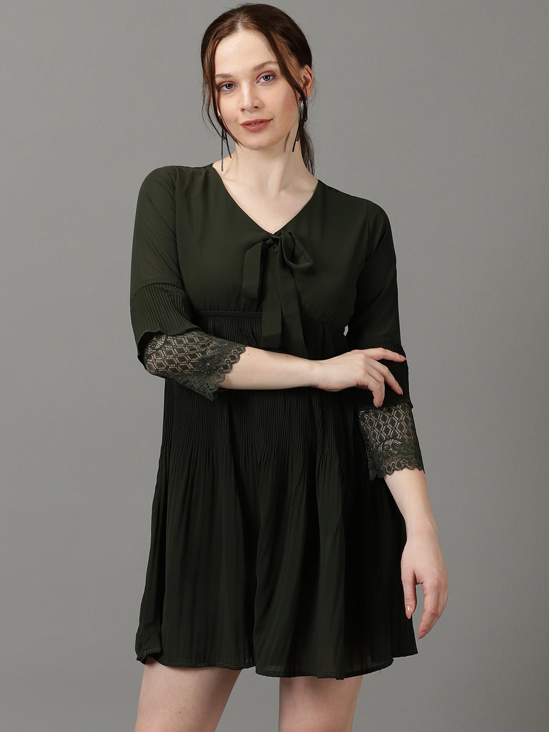 Women's Olive V-Neck Accordion Pleats Chiffon A-Line Dress