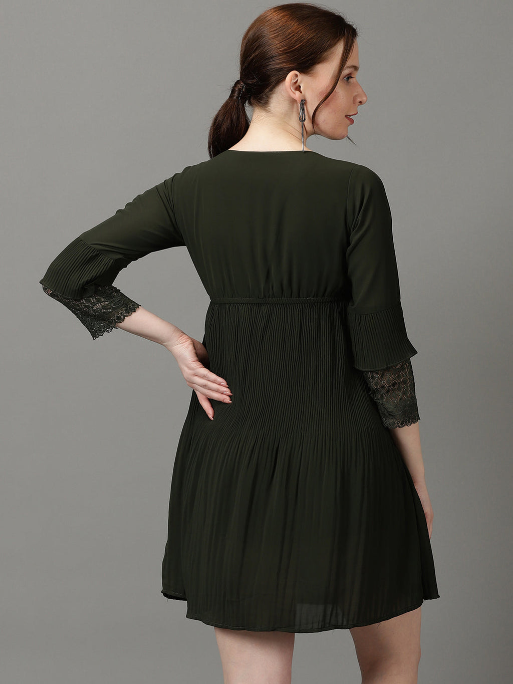 Women's Olive V-Neck Accordion Pleats Chiffon A-Line Dress
