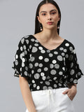 Women's Black Print Crepe Styled Back Top