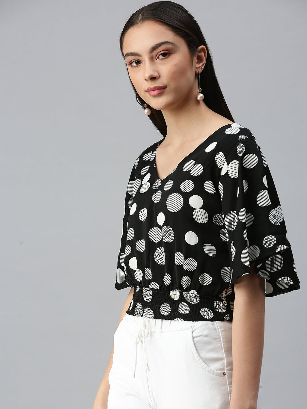 Women's Black Print Crepe Styled Back Top