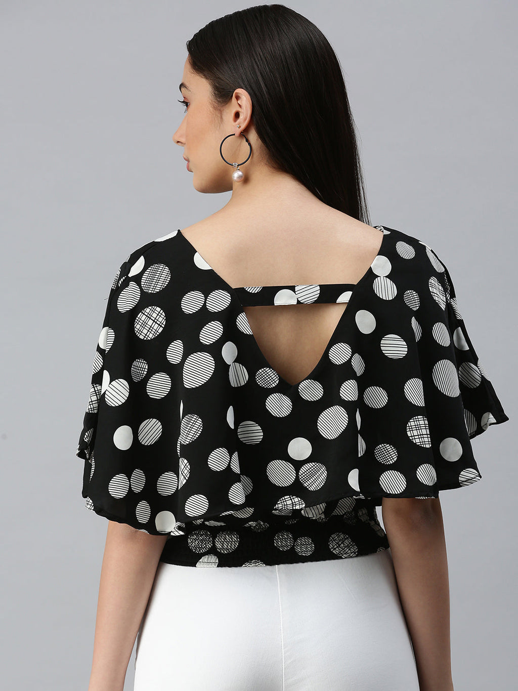 Women's Black Print Crepe Styled Back Top