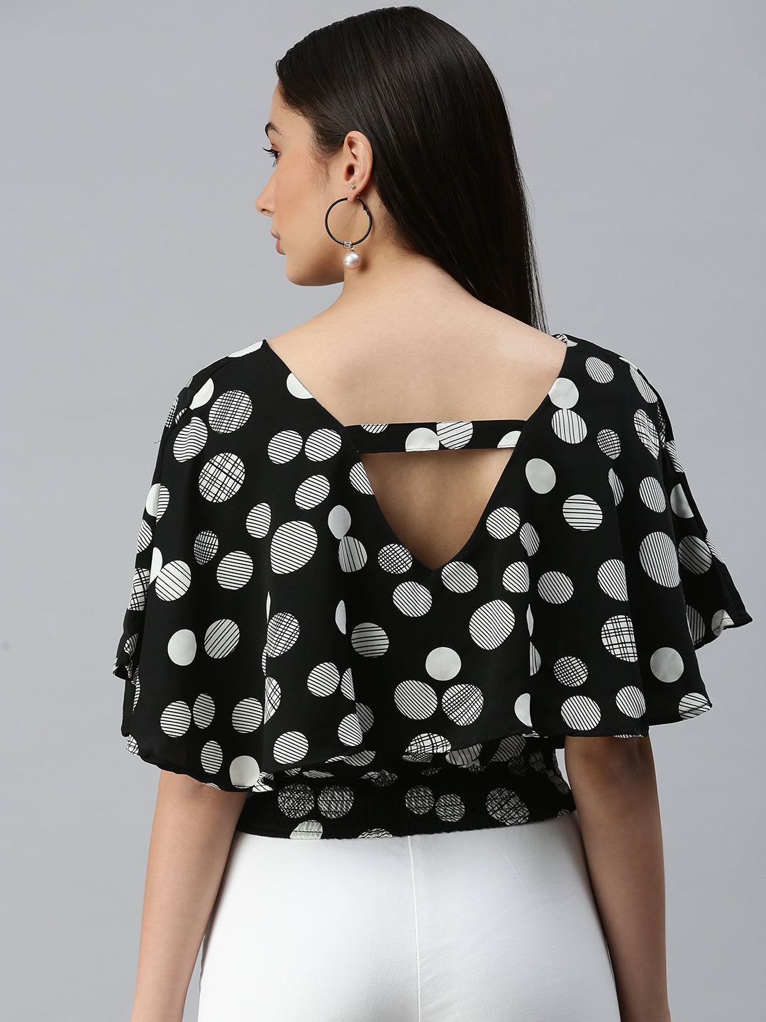 Women's Black Print Crepe Styled Back Top