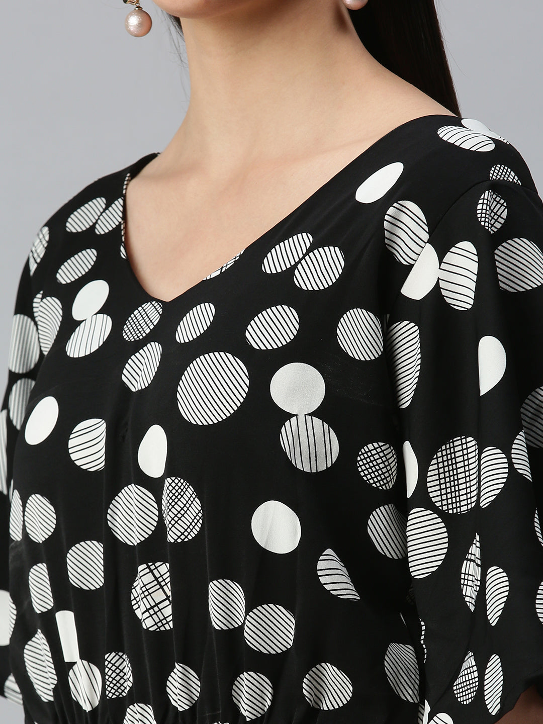 Women's Black Print Crepe Styled Back Top