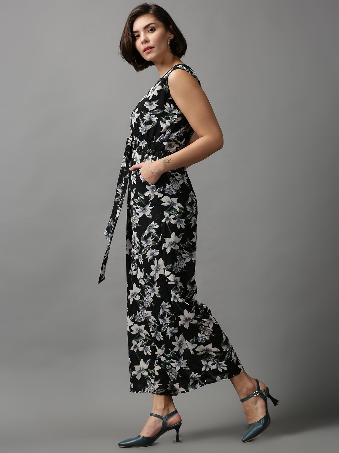 Women's Black Printed Basic Jumpsuit