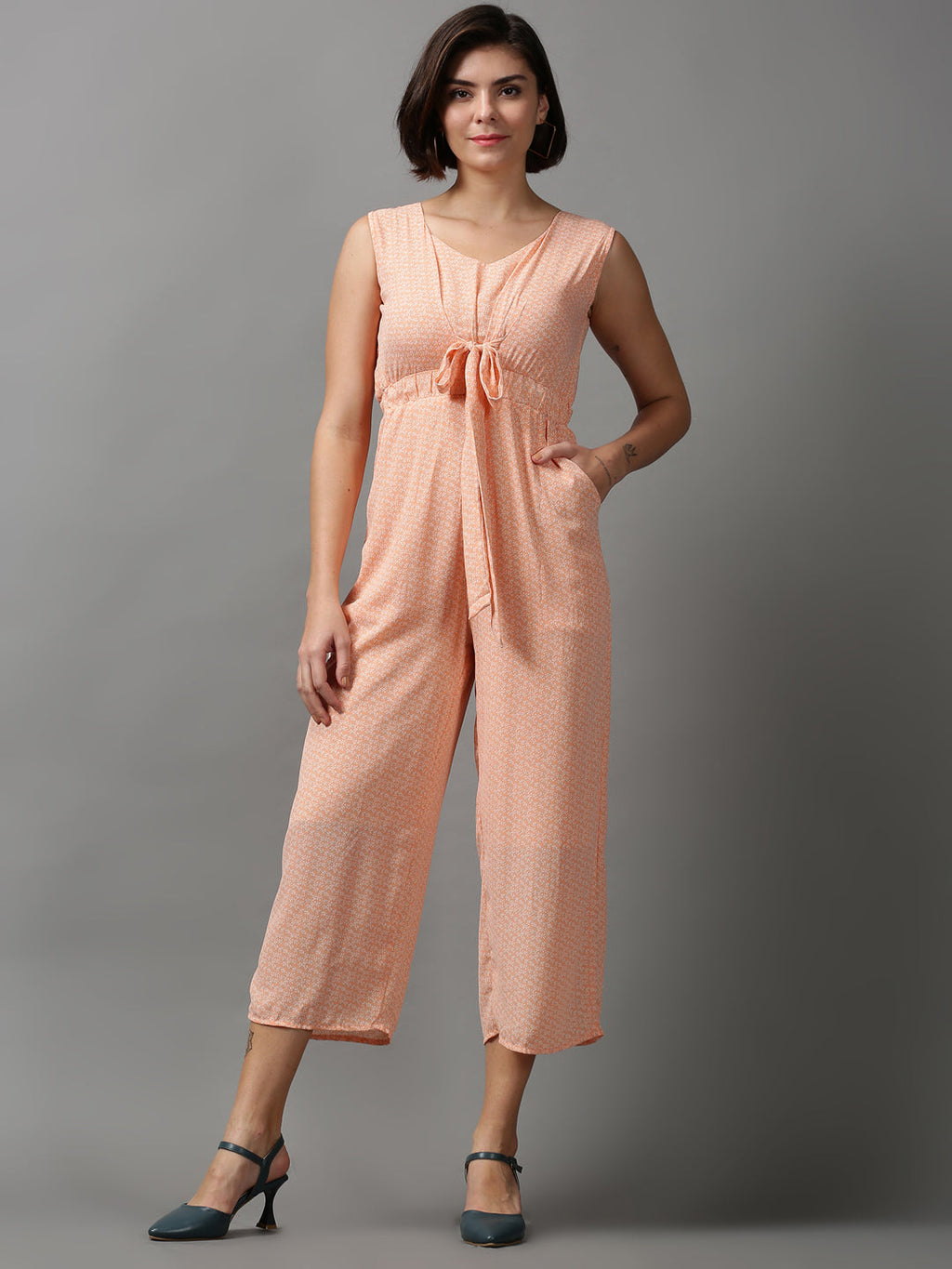 Women's Orange Printed Basic Jumpsuit