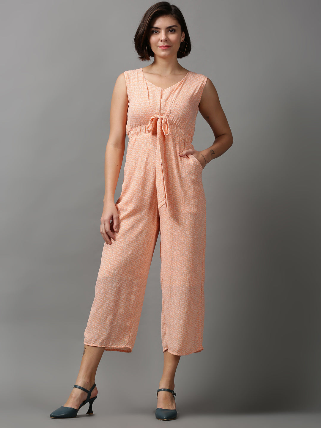 Women's Orange Printed Basic Jumpsuit