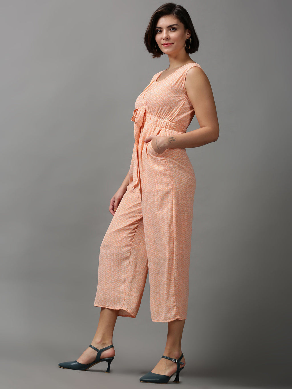 Women's Orange Printed Basic Jumpsuit