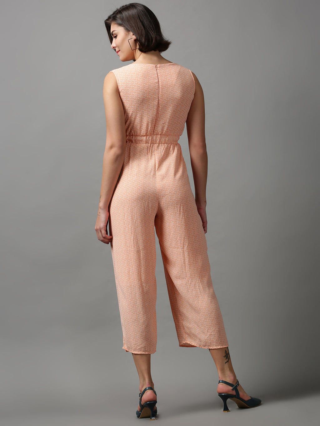 Women's Orange Printed Basic Jumpsuit