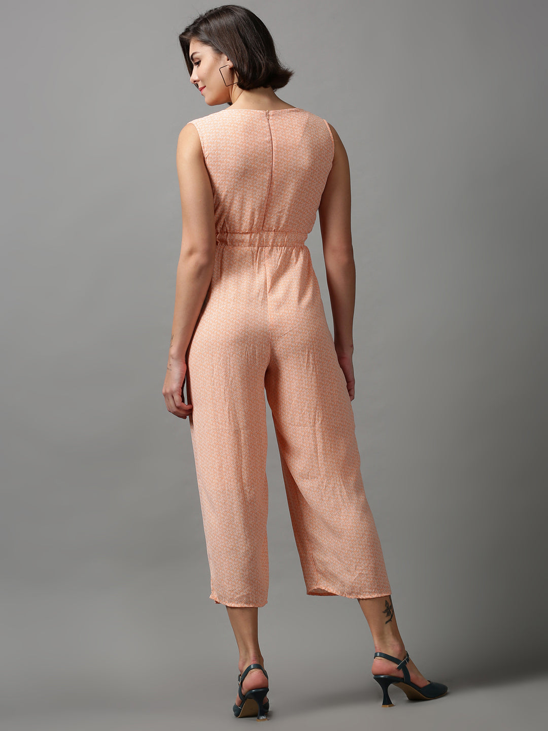 Women's Orange Printed Basic Jumpsuit