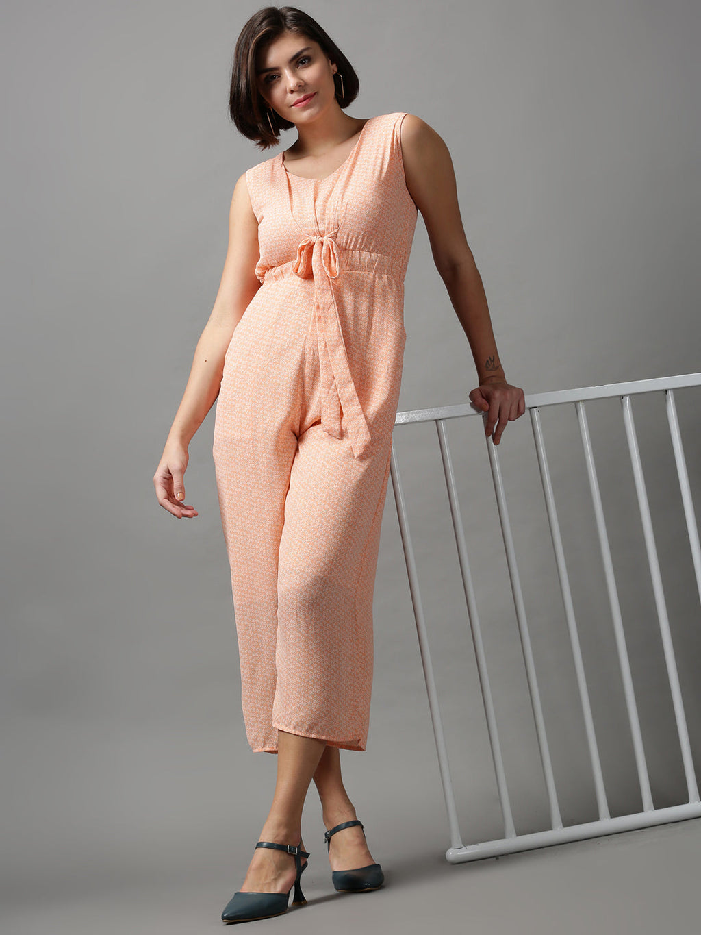 Women's Orange Printed Basic Jumpsuit