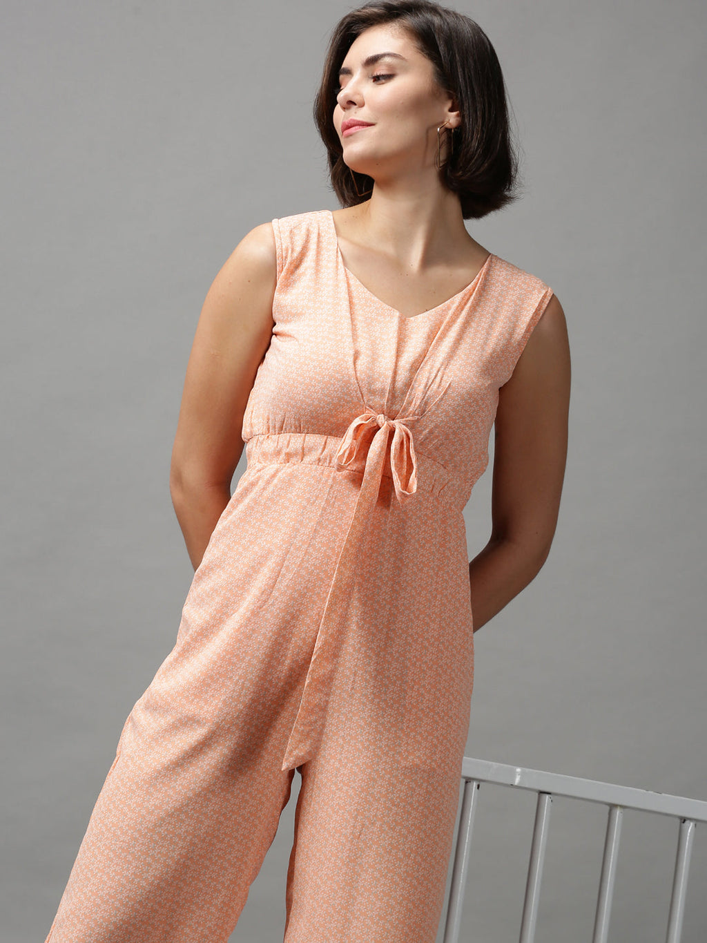 Women's Orange Printed Basic Jumpsuit