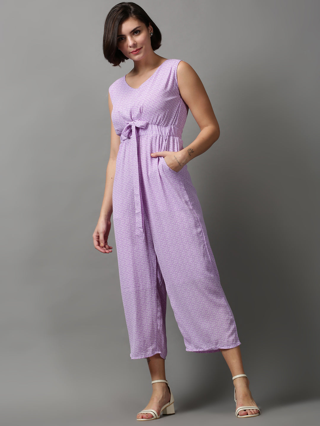 Women's Purple Printed V-Neck Sleeveless Basic Jumpsuit