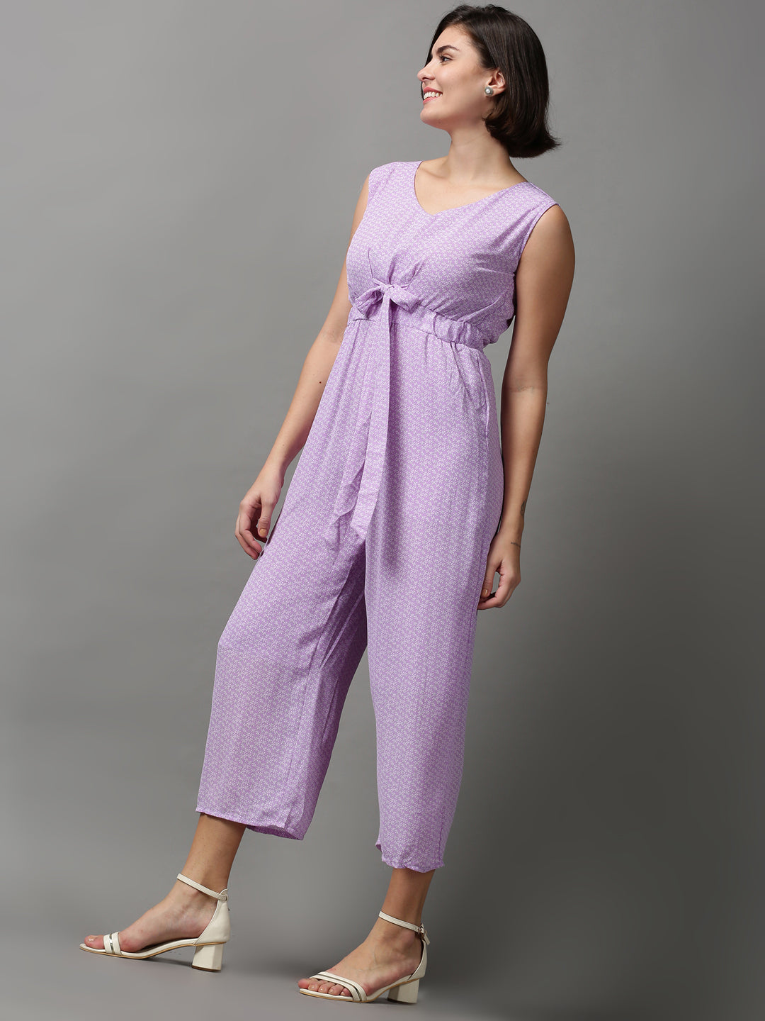 Women's Purple Printed V-Neck Sleeveless Basic Jumpsuit