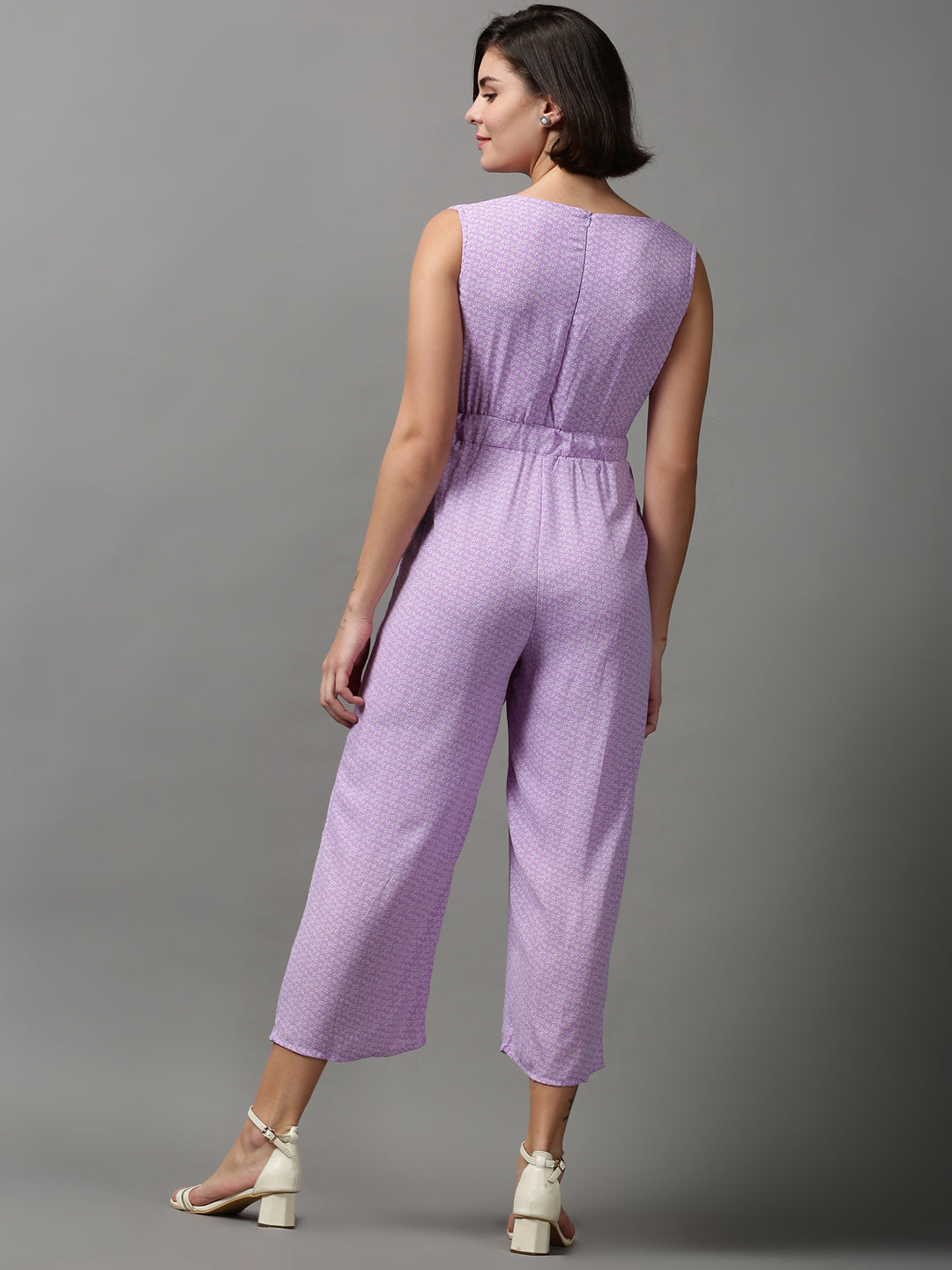 Women's Purple Printed V-Neck Sleeveless Basic Jumpsuit