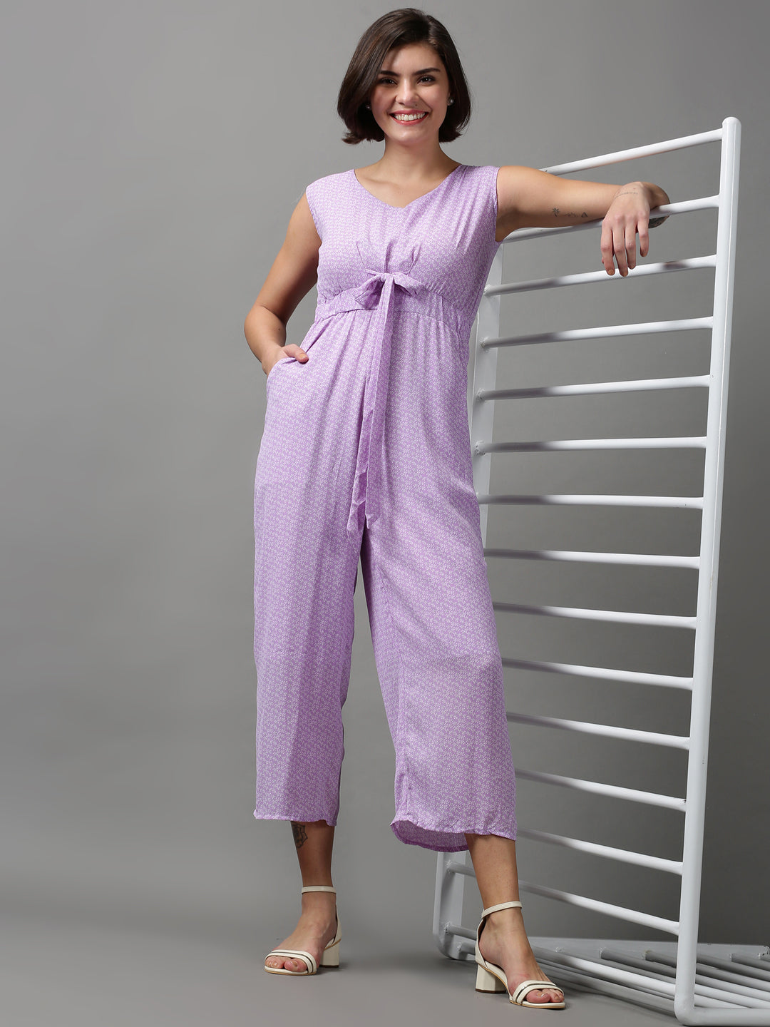 Women's Purple Printed V-Neck Sleeveless Basic Jumpsuit